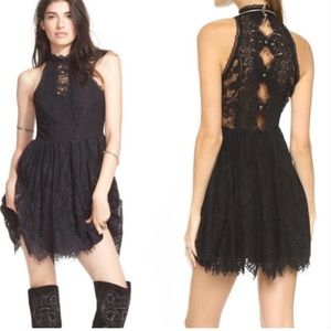 Free People Black Lace Verushka High Neck Button Down Back  Sleeves Mini Dress 6